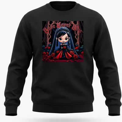 Colorful cartoon Chibi Vampire Bride t-shirt with text 'Love Never Dies' — printed on a unisex sweatshirt