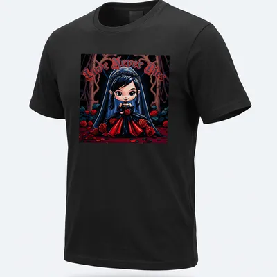 Colorful cartoon Chibi Vampire Bride t-shirt with text 'Love Never Dies' — printed on a unisex t-shirt