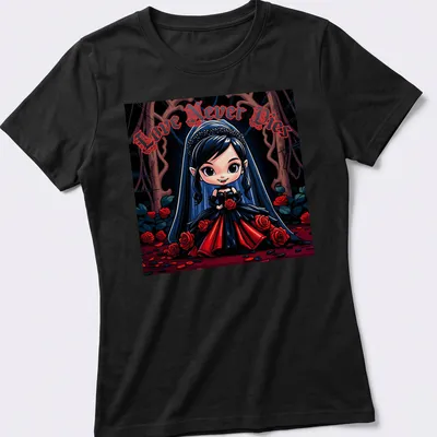Colorful cartoon Chibi Vampire Bride t-shirt with text 'Love Never Dies' — printed on a women's shirt