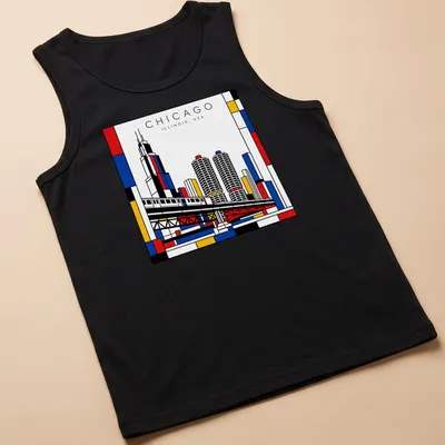 Mondrian-style Chicago cityscape T-shirt with bold colors and geometric design — printed on a tank top