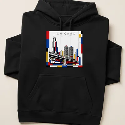 Mondrian-style Chicago cityscape T-shirt with bold colors and geometric design — printed on a unisex hoodie