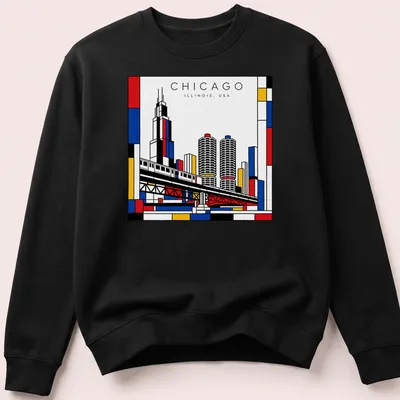 Mondrian-style Chicago cityscape T-shirt with bold colors and geometric design — printed on a unisex sweatshirt