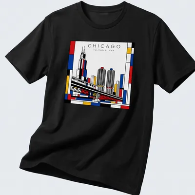 Mondrian-style Chicago cityscape T-shirt with bold colors and geometric design