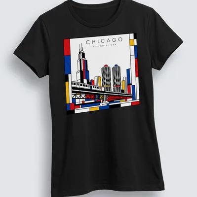 Mondrian-style Chicago cityscape T-shirt with bold colors and geometric design — printed on a women's shirt
