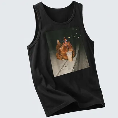 A whimsical chicken sipping iced coffee, rendered in a photographic style. — printed on a tank top