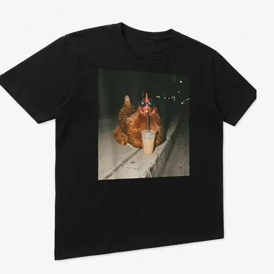 A whimsical chicken sipping iced coffee, rendered in a photographic style. — printed on a unisex t-shirt (angled view)