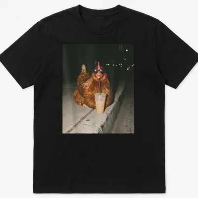 A whimsical chicken sipping iced coffee, rendered in a photographic style.