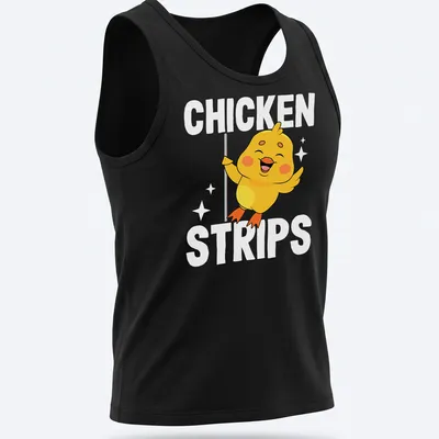 Cartoon of a cute yellow chicken dancing with the text 'CHICKEN STRIPS' in playful lettering. — printed on a tank top