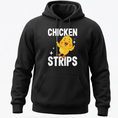 Cartoon of a cute yellow chicken dancing with the text 'CHICKEN STRIPS' in playful lettering. — printed on a unisex hoodie
