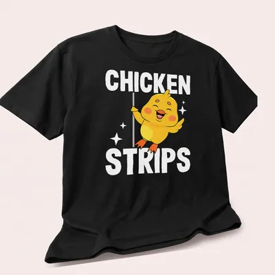 Cartoon of a cute yellow chicken dancing with the text 'CHICKEN STRIPS' in playful lettering. — printed on a unisex t-shirt (angled view)
