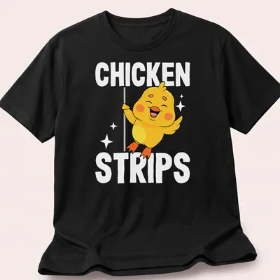 Cartoon of a cute yellow chicken dancing with the text 'CHICKEN STRIPS' in playful lettering.