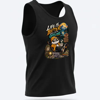 Cartoon panda with the text 'Life Is Better When You're Offline' in vibrant colors — printed on a tank top