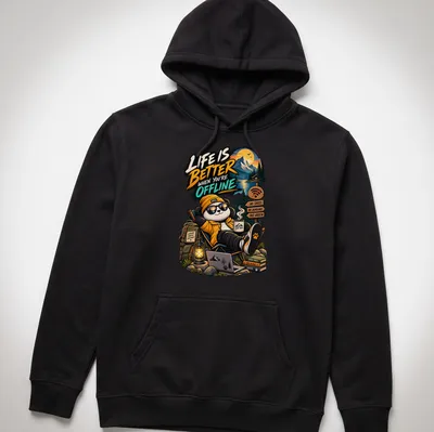 Cartoon panda with the text 'Life Is Better When You're Offline' in vibrant colors — printed on a unisex hoodie