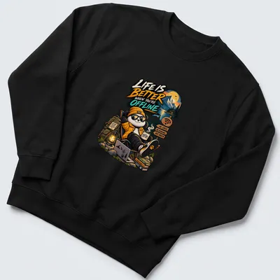 Cartoon panda with the text 'Life Is Better When You're Offline' in vibrant colors — printed on a unisex sweatshirt