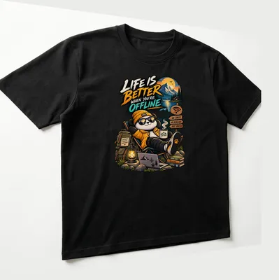 Cartoon panda with the text 'Life Is Better When You're Offline' in vibrant colors — printed on a unisex t-shirt (angled view)