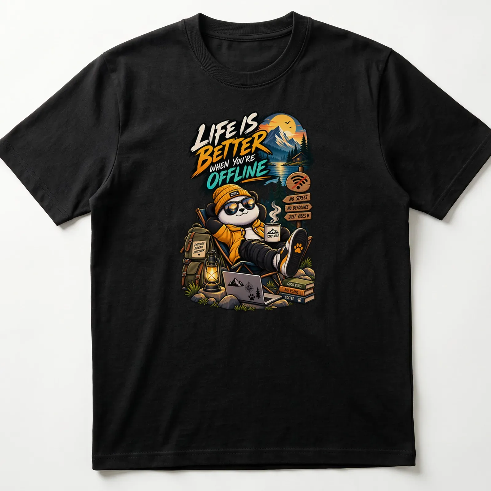 Cartoon panda with the text 'Life Is Better When You're Offline' in vibrant colors — printed on a unisex t-shirt