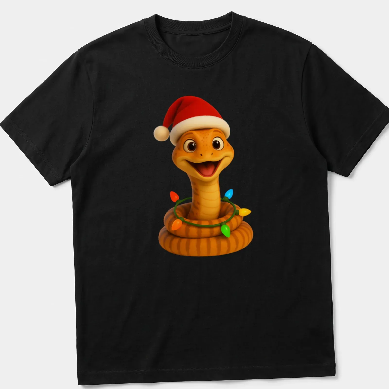 Cartoon design of a colorful Eastern Glass Lizard for Christmas — printed on a unisex t-shirt
