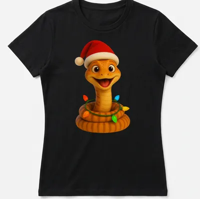Cartoon design of a colorful Eastern Glass Lizard for Christmas — printed on a women's shirt