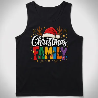 Retro Christmas family design with colorful festive elements and bold text. — printed on a tank top