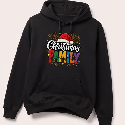 Retro Christmas family design with colorful festive elements and bold text. — printed on a unisex hoodie