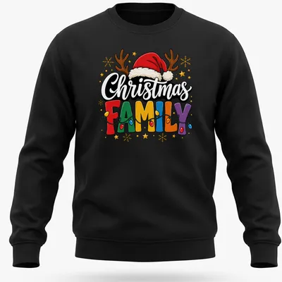 Retro Christmas family design with colorful festive elements and bold text. — printed on a unisex sweatshirt