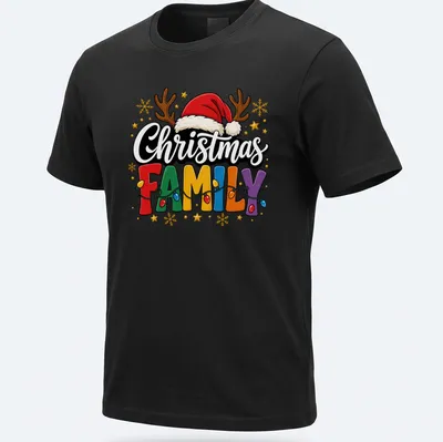 Retro Christmas family design with colorful festive elements and bold text.