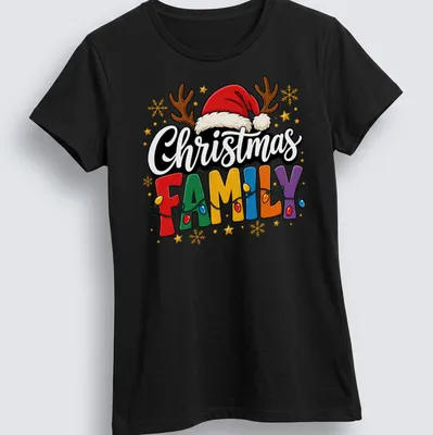 Retro Christmas family design with colorful festive elements and bold text. — printed on a women's shirt