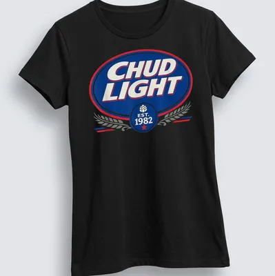 Vintage logo Chud Light t-shirt with playful retro colors — printed on a women's shirt