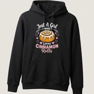 Cute cartoon graphic of a smiling cinnamon roll with text about loving cinnamon rolls — printed on a unisex hoodie