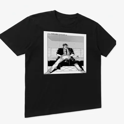 Manga style t-shirt with character text in bold Japanese lettering — printed on a unisex t-shirt (angled view)