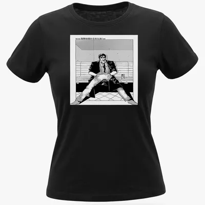 Manga style t-shirt with character text in bold Japanese lettering — printed on a women's shirt