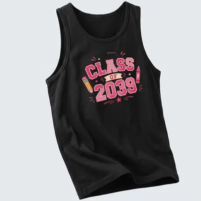 Colorful cartoon graduation design featuring crayon, pencil, and cap for Class of 2039 — printed on a tank top