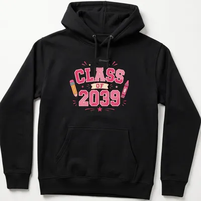 Colorful cartoon graduation design featuring crayon, pencil, and cap for Class of 2039 — printed on a unisex hoodie