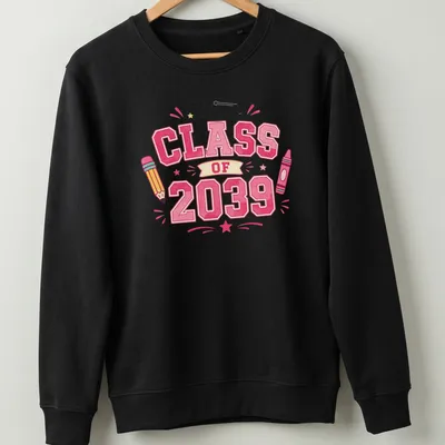 Colorful cartoon graduation design featuring crayon, pencil, and cap for Class of 2039 — printed on a unisex sweatshirt