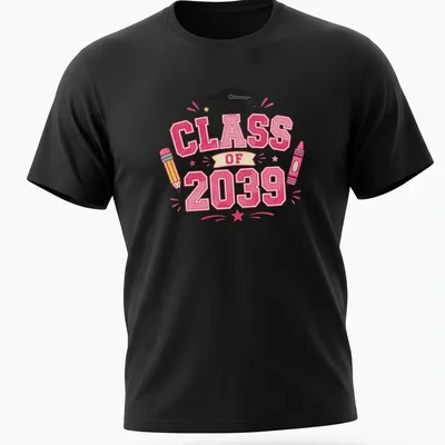 Colorful cartoon graduation design featuring crayon, pencil, and cap for Class of 2039