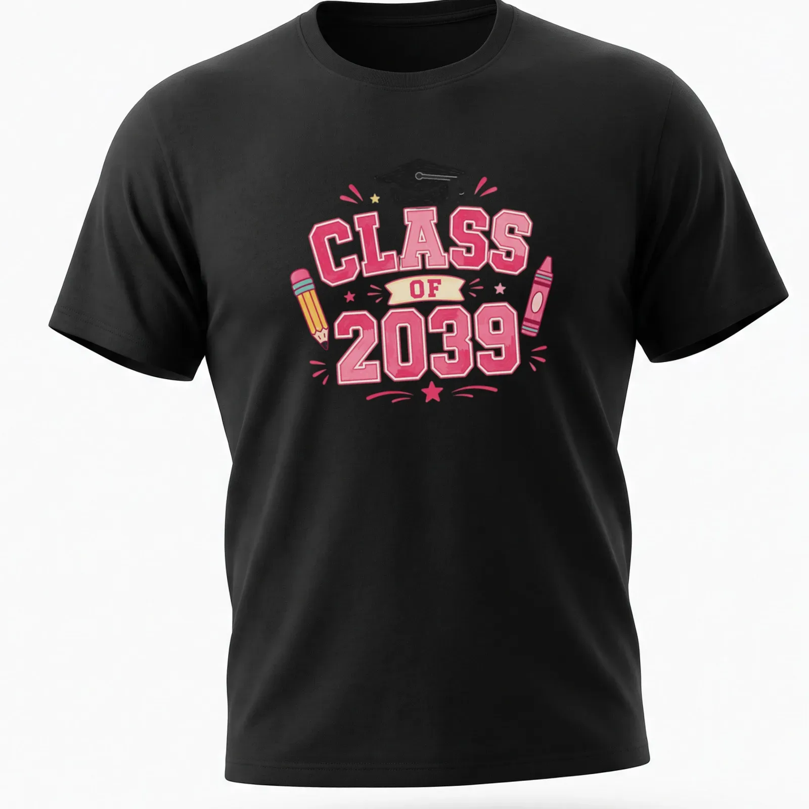 Colorful cartoon graduation design featuring crayon, pencil, and cap for Class of 2039 — printed on a unisex t-shirt