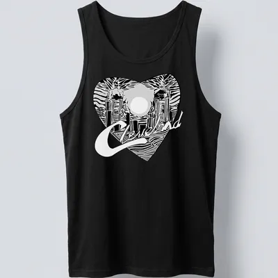 Cleveland skyline with heart shape and text, rendered in black and white line-art — printed on a tank top