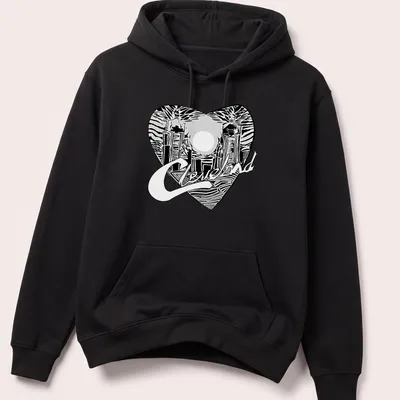 Cleveland skyline with heart shape and text, rendered in black and white line-art — printed on a unisex hoodie