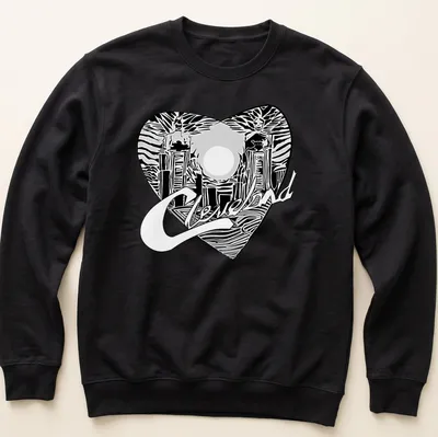 Cleveland skyline with heart shape and text, rendered in black and white line-art — printed on a unisex sweatshirt
