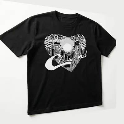 Cleveland skyline with heart shape and text, rendered in black and white line-art — printed on a unisex t-shirt (angled view)