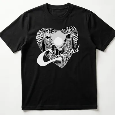 Cleveland skyline with heart shape and text, rendered in black and white line-art — printed on a unisex t-shirt