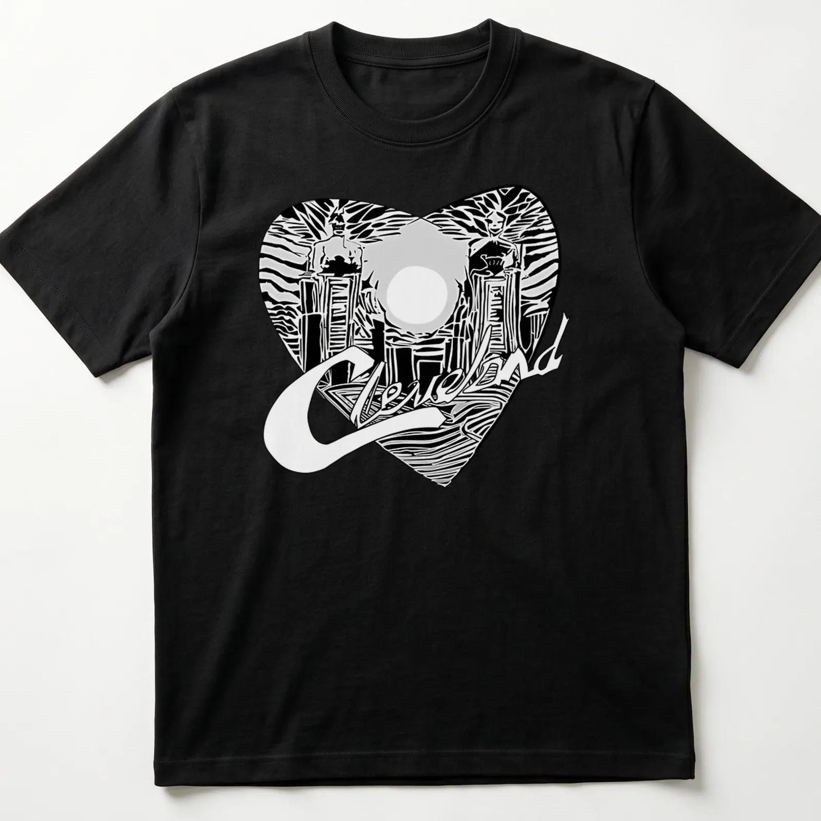 Cleveland skyline with heart shape and text, rendered in black and white line-art — printed on a unisex t-shirt