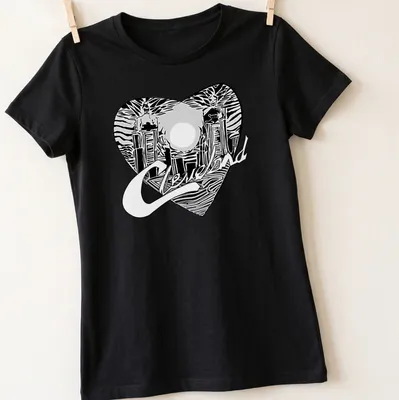 Cleveland skyline with heart shape and text, rendered in black and white line-art — printed on a women's shirt