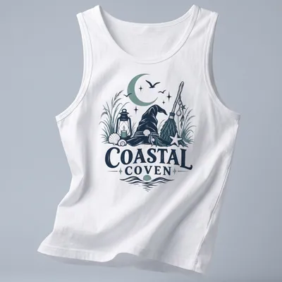 Vintage illustrated Coastal Coven t-shirt with witch hat and coastal motifs — printed on a tank top