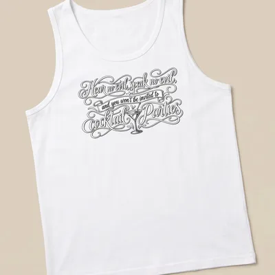 Elegant script with cocktail glass graphic, humor about social invitations — printed on a tank top