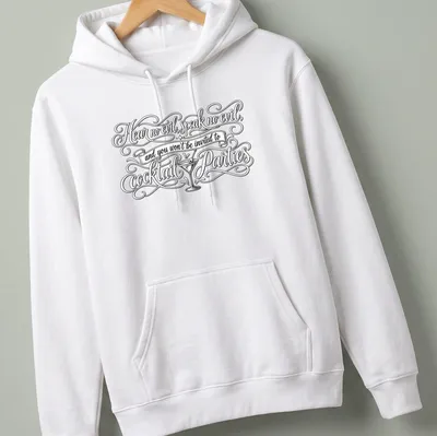 Elegant script with cocktail glass graphic, humor about social invitations — printed on a unisex hoodie