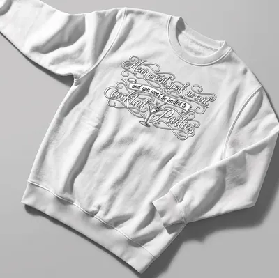 Elegant script with cocktail glass graphic, humor about social invitations — printed on a unisex sweatshirt