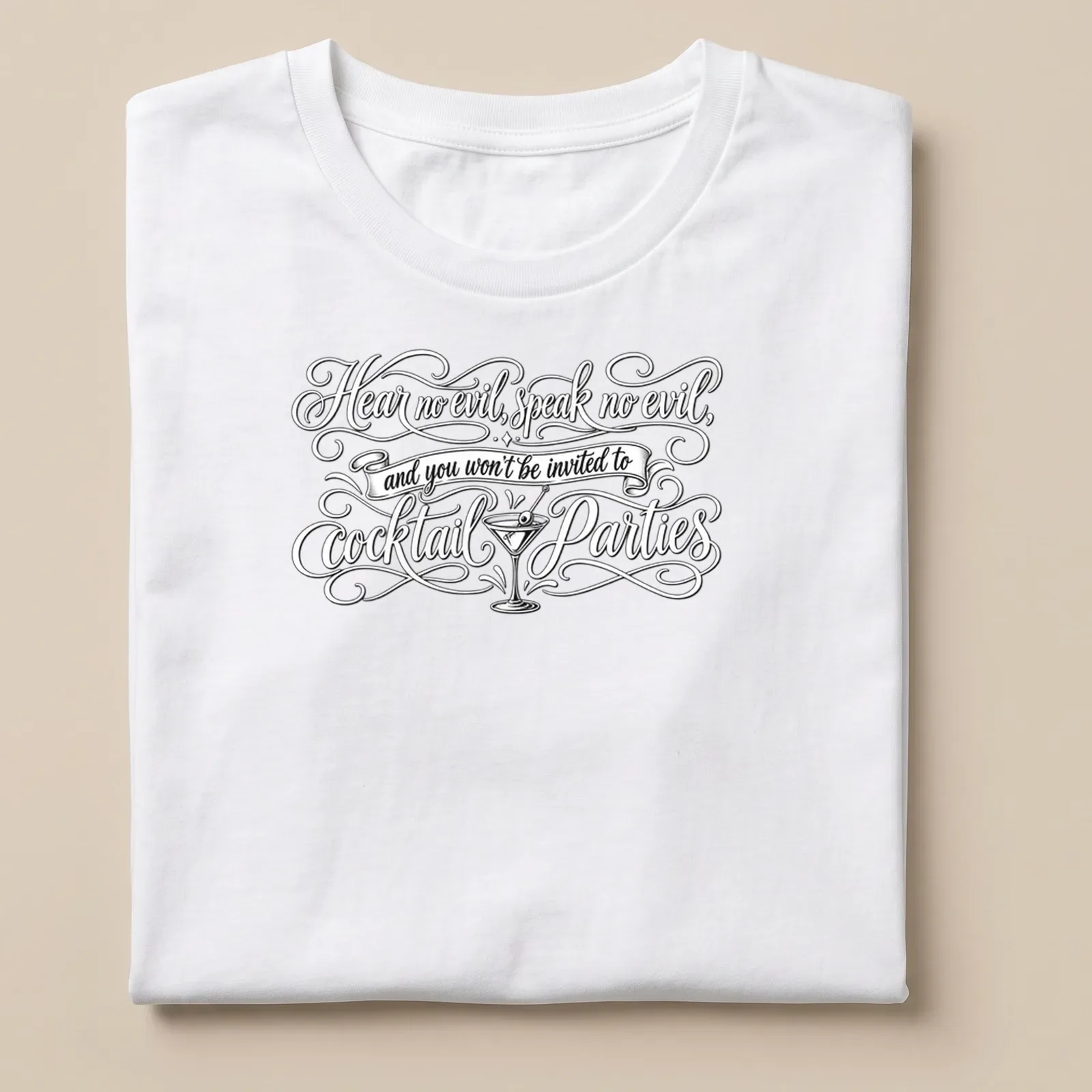 Elegant script with cocktail glass graphic, humor about social invitations — printed on a unisex t-shirt