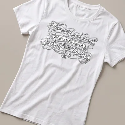 Elegant script with cocktail glass graphic, humor about social invitations — printed on a women's shirt
