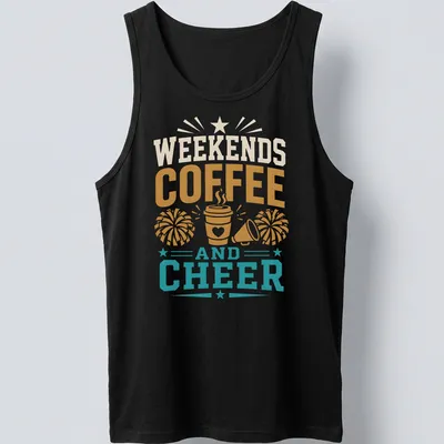 Vintage Coffee Cheer Weekends t-shirt featuring a coffee cup and cheerleading elements. — printed on a tank top